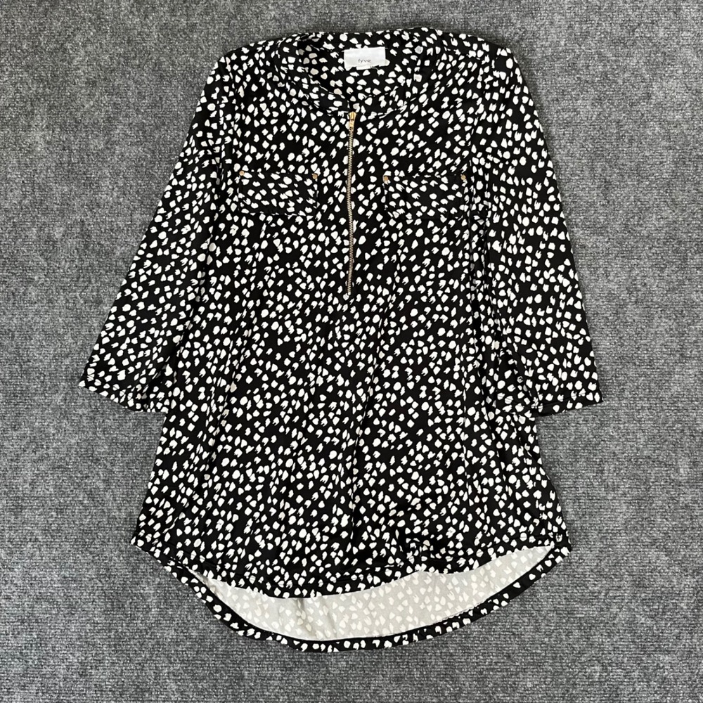 Fyve Black White Heart Print Half Zip Tunic Top 3/4 Sleeve MKC8083QS Small